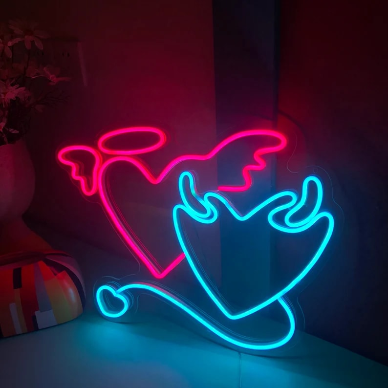 Angel & Demon In Love Heart LED Neon Art